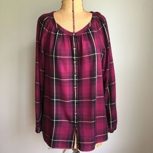J. Jill XS Fine Rayon Twill Burgundy Plaid Blouse